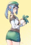  1girl armor ass blue_hair brown_eyes closed_mouth cowboy_shot food from_behind green_headwear green_skirt hair_between_eyes hat highres holding holding_food holding_vegetable long_hair long_sleeves looking_back miniskirt pointy_ears ponytail rune_factory rune_factory_5 scarlett_(rune_factory) shirt shoulder_armor sidelocks skirt tinkle2013 turnip vegetable white_shirt yellow_background 