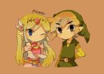  1boy 1girl artist_name back belt blonde_hair blue_eyes blush closed_mouth dress floating_hair full_body gloves jewelry link long_hair looking_up multicolored_hair necklace open_mouth pink_dress princess_zelda the_legend_of_zelda the_legend_of_zelda:_spirit_tracks the_legend_of_zelda:_the_wind_waker tiara tokuura toon_link toon_zelda upper_body 