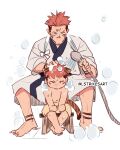  2boys alternate_universe animal_ears barefoot bath_stool bathing child closed_eyes dual_persona facial_tattoo full_body highres holding holding_shower_head itadori_yuuji jujutsu_kaisen kemonomimi_mode lightningstrikes looking_at_another male_child male_focus multiple_boys pink_hair ryoumen_sukuna_(jujutsu_kaisen) short_hair shower_head simple_background sitting soap_bubbles stool tail tattoo tiger_boy tiger_ears tiger_tail twitter_username undercut washing_another water white_background younger 