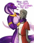  anthro breasts clothing english_text featureless_breasts female forked_tongue imperatorcaesar jewelry narrowed_eyes orange_eyes petrification pink_tongue purple_body purple_scales purple_tail red_clothing red_robe red_sclera reptile robe scales scalie sculpture signature simple_background snake solo statue text tongue tongue_out white_background white_clothing white_robe 