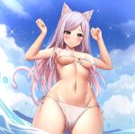  1girl animal_ear_fluff animal_ears armpits arms_up ass_visible_through_thighs bangs bare_shoulders bikini blue_sky blush breasts cameltoe cat_ears cat_girl cat_tail closed_mouth cowboy_shot day from_below front-tie_bikini front-tie_top large_breasts long_hair looking_at_viewer looking_down navel open_mouth outdoors pink_hair purple_eyes ribbon shoron side-tie_bikini sky smile solo sparkle stomach swept_bangs swimsuit tail underboob very_long_hair water_drop white_bikini white_ribbon 