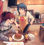  2girls blue_eyes blue_hair blush food hair_ornament hairclip happy highres kitchen long_hair long_sleeves mahou_shoujo_madoka_magica miki_sayaka mitakihara_school_uniform multiple_girls open_mouth red_hair ryuunosuke_(luckyneco) sakura_kyouko school_uniform short_hair sitting smile waffle 