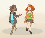  afro breasts canid canine cleavage clothed clothing cloud_coffee duo eyelashes female feral footwear fox friends fur fur_coat high_heels jewelry mammal mink mustelid musteline semi-anthro simple_background species_transformation talking-to-another transformation true_musteline walking 