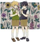  2boys basil_(omori) black_eyes black_footwear black_hair black_sweater blonde_hair blue_eyes blush brown_footwear brown_shorts bug butterfly cactus closed_mouth collared_shirt daisy flower full_body gladiolus green_sweater_vest hair_flower hair_ornament highres holding holding_flower lily_of_the_valley looking_at_viewer multiple_boys nagakun_omo omori rose shirt short_hair short_sleeves shorts smile socks sunflower sunny_(omori) sweater sweater_vest tulip white_shirt white_socks 