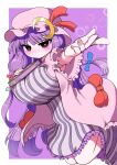  1girl absurdres blush book bow breasts dress foreshortening frills hair_bow hat highres huge_breasts long_hair looking_at_viewer mob_cap moon_(ornament) patchouli_knowledge purple_eyes purple_hair simple_background striped striped_dress touhou zurikishi 