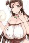  1girl absurdres bare_shoulders body_markings breasts brown_eyes brown_hair cleavage dress facial_mark fate/grand_order fate_(series) food forehead forehead_mark highres himiko_(fate) jewelry large_breasts long_hair looking_at_viewer magatama magatama_necklace necklace onigiri open_mouth rice sash sideboob solo topknot tsukasawa_takamatsu twintails white_dress 