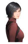 1girl ada_wong ashley_swidowski bangs black_hair breasts brown_eyes highres holster long_sleeves looking_at_viewer looking_back medium_breasts parted_lips red_shirt resident_evil resident_evil_6 shirt short_hair solo swept_bangs turtleneck upper_body white_background 