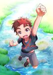  1boy blue_shirt brown_hair child clenched_hands commentary_request day from_above grass highres jail_black jumping looking_at_viewer looking_up lower_teeth male_child male_focus multicolored_hair open_mouth original outdoors outstretched_arm red_eyes red_hair rock shirt shoes shorts smile sneakers solo stream teeth two-tone_hair watch water wrinkled_fabric wristwatch 