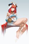  bare_shoulders barefoot blue_eyes cat closed_mouth feet forehead_jewel gem genshin_impact harem_outfit horns legs lettereast long_hair long_sleeves looking_at_viewer midriff nilou_(genshin_impact) puffy_long_sleeves puffy_sleeves red_hair sitting toes vambraces veil 