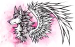  2022 ambiguous_gender canid canine digital_media_(artwork) feathered_wings feathers feral fur grey_body grey_fur hi_res hybrid mammal myarukawolf pink_eyes pink_nose smile solo wings 