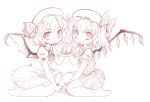  2girls ascot bat_wings dress fang flandre_scarlet hat holding_hands looking_at_viewer mob_cap monochrome multiple_girls puffy_sleeves remilia_scarlet siblings side_ponytail sisters sitting sketch smile tachikawa touhou vampire wings wrist_cuffs 