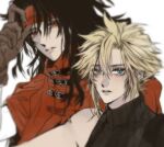  2boys adjusting_clothes adjusting_headwear aqua_eyes armor bare_shoulders black_hair blonde_hair brown_gloves cloak cloud_strife final_fantasy final_fantasy_vii gloves hair_between_eyes headband long_hair looking_at_viewer male_focus messy_hair multiple_boys parted_lips poffg_7 red_cloak red_eyes red_headband short_hair shoulder_armor sleeveless sleeveless_turtleneck spiked_hair turtleneck upper_body vincent_valentine white_background 