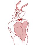  2022 anthro bow_tie bunny_costume clothed clothing costume demon demon_humanoid digital_media_(artwork) embarrassed fake_ears fake_rabbit_ears girly gooseworx hair horn humanoid looking_at_viewer male muscular muscular_anthro muscular_male sigrik simple_background sketch solo topwear white_background 