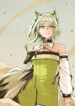  1girl animal_ear_fluff animal_ears arknights bare_shoulders closed_mouth collarbone dress green_dress green_eyes green_hair jacket kal&#039;tsit_(arknights) long_sleeves looking_at_viewer off-shoulder_jacket off_shoulder puffy_long_sleeves puffy_sleeves see-through sleeves_past_wrists smoke solo white_jacket yume_(i_think.) 