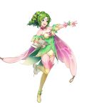  1girl alternate_costume artist_request bangs bare_shoulders boots breasts cape dress fire_emblem fire_emblem:_the_sacred_stones fire_emblem_heroes full_body gradient gradient_clothes green_eyes green_hair hair_ornament hand_on_own_chest hand_up highres jewelry l&#039;arachel_(fire_emblem) long_hair medium_breasts non-web_source official_art shiny shiny_hair short_dress sleeveless solo thigh_boots thighs transparent_background turtleneck wrist_cuffs zettai_ryouiki 