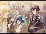  1girl 3boys :3 :d ^_^ aether_(genshin_impact) ahoge aqua_hair bangs bar beret black_gloves black_hair blonde_hair blue_cape blurry blurry_background blush boots braid braided_ponytail brown_eyes brown_gloves brown_hair brown_jacket brown_shirt brown_vest cape chair closed_eyes closed_mouth collared_shirt commentary_request counter crop_top cropped_shirt cup drink drinking drinking_straw drinking_straw_in_mouth earrings expressionless floating flower formal frilled_sleeves frills full_body genshin_impact gloves gold_trim gradient_hair green_cape green_headwear hair_between_eyes hair_flower hair_ornament halo hat highres holding holding_cup indoors jacket jewelry lapels leaf long_hair long_sleeves looking_at_another low-tied_long_hair medium_hair mizuamememe multicolored_hair multiple_boys necktie notice_lines open_mouth outstretched_arms paimon_(genshin_impact) ponytail profile raised_eyebrows shirt short_sleeves side_braids sidelocks single_braid single_glove single_thighhigh sitting smile standing sweatdrop swept_bangs table tassel tassel_earrings thighhighs twin_braids upper_body venti_(genshin_impact) vest white_cape white_flower white_footwear white_hair white_necktie white_shirt white_thighhighs wing_collar zhongli_(genshin_impact) 