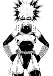  1girl ass_visible_through_thighs bakugou_katsuki bf0000_m boku_no_hero_academia breasts cleavage detached_sleeves domino_mask genderswap genderswap_(mtf) grin hands_on_hips highres large_breasts mask monochrome multicolored_hair short_hair smile spiked_hair thighhighs turtleneck twitter_username white_background 