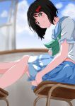  1girl absurdres bangs black_hair blue_skirt blunt_bangs bob_cut bow brown_eyes chair feet_on_chair from_below green_neckerchief hair_bow hair_ornament hands_under_legs head_tilt hibike!_euphonium highres hisaishi_kanade holding holding_clothes holding_skirt kitauji_high_school_uniform looking_at_viewer looking_down midriff_peek neckerchief own_hands_together pleated_skirt red_bow sailor sailor_collar school_uniform serafuku shirt short_hair sitting skirt sky smile straight_hair white_gorilla_(okamoto) white_shirt window 