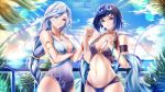  2girls aqua_eyes armband bangle bangs bare_arms bare_shoulders bead_bracelet beads bikini blue_bikini blue_eyes blue_hair blue_sky blue_swimsuit bob_cut bracelet braid braided_ponytail breast_hold breasts cleavage cloud cloudy_sky commentary_request covered_navel day diagonal_bangs genshin_impact gold_trim gradient_eyes grey_hair grin highres holding_hands jewelry large_breasts long_hair looking_at_viewer multicolored_eyes multicolored_hair multiple_girls navel necklace ocean one-piece_swimsuit outdoors parted_lips pendant railing shawl shenhe_(genshin_impact) short_hair sky smile stomach swimsuit upper_body very_long_hair white_hair wuke_euco yelan_(genshin_impact) 