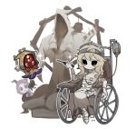  1boy 2girls :d bandaged_foot bandages belt black_eyes blush_stickers chibi chirko_0326 chisel dress fake_horns fiona_gilman galatea_(identity_v) hastur_(identity_v) highres hood hood_up horns identity_v intravenous_drip long_hair multiple_girls red_hair scar scar_on_neck simple_background sitting smile sparkle statue straitjacket tentacles torn_clothes torn_sleeves wheelchair white_background 