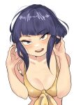  1girl absurdres audio_jack blue_eyes blue_hair blush boku_no_hero_academia breasts cleavage cowboy_shot hand_in_own_hair highres jirou_kyouka long_earlobes looking_at_viewer round_teeth sidelocks solo swimsuit teeth white_background yellow_swimsuit zd_(pixiv6210083) 