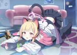  1girl :d animal_ear_headphones animal_ears bag_of_chips black_skirt black_thighhighs blonde_hair blue_archive blurry blurry_background blush bow brown_eyes cac_itinose chips commentary_request couch depth_of_field fake_animal_ears food hair_bow halo highres jacket long_sleeves looking_at_viewer momoi_(blue_archive) on_ground open_clothes open_jacket pleated_skirt potato_chips red_bow sidelocks skirt smile solo tail thighhighs top-down_bottom-up white_jacket wide_sleeves 