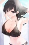  1girl armpits bikini black_bikini black_eyes black_hair breasts cleavage closed_mouth frilled_bikini frills gnns hair_flip halter_top halterneck highres large_breasts leaning_forward long_hair looking_at_viewer original side-tie_bikini smile solo swimsuit 