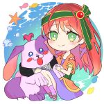  1girl 1other blue_eyes blush bracelet chibi chrono_cross collar dog dress fish green_eyes green_hairband hair_between_eyes hair_ornament hair_ribbon hairband jewelry leena_(chrono_cross) long_dress long_hair ocean orange_tunic petting poshul_(chrono_cross) purple_dress purple_ribbon purple_socks red_hair ribbon sandals sidelocks sitting smile socks starfish tongue tongue_out zato_(chro1118) 