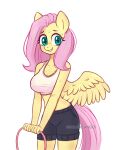  2022 anthro anthrofied basket blush bodily_fluids bottomwear bra clothing collarbone container digital_media_(artwork) equid equine eyelashes feathered_wings feathers female fluttershy_(mlp) friendship_is_magic hair handgunboi hasbro hi_res holding_object humanoid_hands mammal my_little_pony pegasus pink_hair pink_tail shorts simple_background smile solo sweat sweatdrop underwear white_background wings yellow_body yellow_feathers 