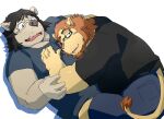  2022 anthro bottomwear clothing domestic_pig duo eyewear felid glasses humanoid_hands kemono lion lying male male/male mammal pantherine shirt shorts simple_background slightly_chubby suid suina sus_(pig) topwear train_(artist) white_background 