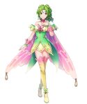  1girl alternate_costume artist_request bangs bare_shoulders boots breasts cape dress fire_emblem fire_emblem:_the_sacred_stones fire_emblem_heroes full_body gradient gradient_clothes green_eyes green_hair hair_ornament hand_on_own_chest hand_up highres jewelry l&#039;arachel_(fire_emblem) long_hair looking_at_viewer medium_breasts non-web_source official_art shiny shiny_hair short_dress simple_background sleeveless smile solo thigh_boots thighs transparent_background turtleneck white_background wrist_cuffs zettai_ryouiki 