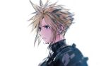  1boy armor blonde_hair blue_eyes cloud_strife danhu earrings final_fantasy final_fantasy_vii final_fantasy_vii_remake hair_between_eyes jewelry looking_to_the_side male_focus parted_lips portrait short_hair shoulder_armor signature single_earring sketch solo spiked_hair turtleneck upper_body white_background 
