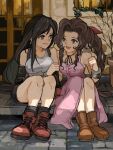  2girls aerith_gainsborough bangle bangs bare_shoulders black_gloves black_hair black_skirt boots bracelet braid braided_ponytail breasts brick_floor brown_eyes brown_footwear brown_hair choker door dress earrings elbow_gloves final_fantasy final_fantasy_vii front_slit full_body gloves green_eyes hair_ribbon highres holding_another&#039;s_arm house jewelry large_breasts long_dress long_hair looking_at_another medium_breasts miniskirt_pirates multiple_girls open_mouth parted_bangs pink_dress pink_ribbon porch red_footwear ribbon shirt sidelocks sitting skirt sleeveless sleeveless_dress sleeveless_shirt smile suspenders tifa_lockhart uzutanco white_shirt window 