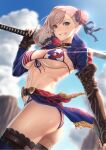  1girl american_flag_bikini ass asymmetrical_hair bangs belt bikini blue_eyes blue_sky blush breasts brown_gloves bun_cover choker cleavage collarbone day elbow_gloves fate/grand_order fate_(series) fingerless_gloves flag_print front-tie_bikini front-tie_top gloves grin gunblade hair_bun highres large_breasts long_hair looking_at_viewer miyamoto_musashi_(fate) miyamoto_musashi_(swimsuit_berserker)_(fate) miyamoto_musashi_(swimsuit_berserker)_(second_ascension)_(fate) mugetsu2501 navel pink_hair shrug_(clothing) single_hair_bun sky smile solo sunlight swept_bangs swimsuit thighhighs thighs weapon 