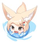  1girl :d animal_ear_fluff animal_ears bangs blonde_hair brown_eyes chibi commentary_request crescent crescent_hair_ornament fang fox_ears fox_girl fox_tail full_body hair_ornament hairclip innertube original simple_background smile solo swept_bangs tail water white_background yuuji_(yukimimi) 