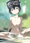  1girl absurdres black_hair flat_chest fur_hat goggles goggles_on_headwear green_eyes hat highres kino_(kino_no_tabi) kino_no_tabi nude outdoors partially_submerged short_hair sitting solo tomurasuisen water 