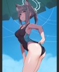  1girl adjusting_clothes adjusting_swimsuit animal_ear_fluff animal_ears bangs black_swimsuit blue_archive blue_eyes blue_sky breasts cloud commentary_request competition_swimsuit contrail covered_navel cowboy_shot cross_hair_ornament extra_ears grey_hair hair_ornament halo highres leaning_forward low_ponytail medium_breasts medium_hair mismatched_pupils multicolored_clothes multicolored_swimsuit one-piece_swimsuit shiroko_(blue_archive) shiroko_(swimsuit)_(blue_archive) simplecar sky solo standing swimsuit 