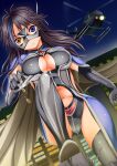  aircraft artist_request black_hair cape cleavage_cutout clothing_cutout helicopter heterochromia highres invulnerable kenzaki_ameri lady_justice_(series) long_hair mask multicolored_hair non-web_source streaked_hair superhero 