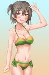  1girl anti_(untea9) bikini breasts brown_eyes brown_hair cleavage commentary_request cowboy_shot highres hiryuu_(kancolle) kantai_collection looking_at_viewer medium_breasts one_side_up short_hair side-tie_bikini solo standing swimsuit two-tone_bikini 