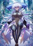  1girl absurdres ahoge bangs black_gloves black_pants breasts fate/grand_order fate/prototype fate_(series) fingerless_gloves gloves highres long_hair long_sleeves looking_at_viewer medium_breasts merlin_(fate/prototype) pants purple_eyes robe solo thighs torahime_(roland00) very_long_hair white_hair white_robe wide_sleeves 