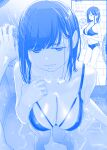 1girl bangs bikini blue_theme breasts coin commentary_request getsuyoubi_no_tawawa highres himura_kiseki hokuro-chan_(tawawa) large_breasts looking_at_viewer mole mole_on_chest mole_on_thigh mole_under_mouth monochrome navel pov short_hair showering smile standing swimsuit wet wet_clothes wet_hair wet_swimsuit 