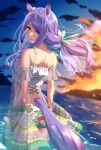  1girl animal_ears arms_behind_back flower from_behind hair_flower hair_ornament highres horse_ears horse_girl horse_tail kagari_liroi long_hair looking_back mejiro_mcqueen_(ripple_fairlady)_(umamusume) mejiro_mcqueen_(umamusume) ocean open_mouth outdoors purple_eyes see-through smile solo tail umamusume 