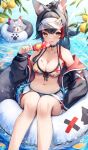  1girl absurdres animal_ear_fluff animal_ears bikini black_choker black_hair black_jacket blush breasts cat choker cleavage dolphin_shorts feet_out_of_frame food hair_ornament highres hololive innertube inre_kemomimi jacket large_breasts leaf_print long_hair looking_at_viewer maple_leaf_print multicolored_hair navel off_shoulder ookami_mio orange_eyes paw_print pendant_choker ponytail popsicle red_hair shorts sitting streaked_hair swimsuit taiga_(ookami_mio) tongue tongue_out visor_cap water wet wolf_ears wolf_girl 