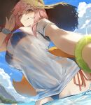  1girl :q bikini blue_bikini blush breasts closed_mouth commentary_request fate/grand_order fate_(series) fox_girl from_below hand_up hat large_breasts large_hat long_hair looking_at_viewer neshia_(tsaqif0309) one_eye_closed outdoors partially_submerged pink_hair shirt short_sleeves smile straw_hat swimsuit tamamo_(fate) tamamo_no_mae_(swimsuit_lancer)_(fate) tongue tongue_out water white_shirt yellow_eyes 