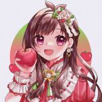 18640321 1girl antenna_hair apple brown_hair circle earrings flower_earrings food fruit holding holding_food holding_fruit idolmaster idolmaster_cinderella_girls jewelry long_hair looking_at_viewer neck_ribbon puffy_short_sleeves puffy_sleeves red_eyes ribbon short_sleeves simple_background smile solo tsujino_akari upper_body very_long_hair wrist_cuffs 