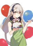  1girl apron balloon bangs black_hairband black_shirt brown_eyes bullet cake closed_mouth commission english_commentary food gift girls&#039;_frontline green_apron grey_hair hairband happy_birthday highres holding holding_knife holding_tray knife long_hair looking_at_viewer mg4_(girls&#039;_frontline) pixiv_request ranyu shirt solo standing tray white_background 