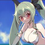  1girl anchovy_(girls_und_panzer) bikini black_bow blaze_(artist) blue_sky blush bow breasts cleavage cloud drill_hair girls_und_panzer green_hair hair_between_eyes hair_bow long_hair looking_at_viewer medium_breasts red_eyes sky smile solo swimsuit twintails white_bikini 