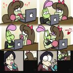  &lt;3 2022 accessory age_difference anthro black_hair brown_hair catherine_(jamearts) clothing comic computer embrace eyelashes eyes_closed eyeshadow female french_kissing hair hair_accessory hair_ribbon hi_res hug incest_(lore) jamearts jimmy_(jamearts) kissing laptop lipstick lizard long_hair makeup making_out male male/female mature_anthro mother mother_and_child mother_and_son motion_lines older_female onomatopoeia parent parent_and_child reptile ribbons scalie shirt son sound_effects spit-take text topwear younger_male 