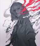  1girl chromatic_aberration eyelashes greyscale highres looking_at_viewer monochrome necktie original parted_lips short_hair sleeves_rolled_up smoke smoke_from_mouth solo striped striped_necktie wataboku 