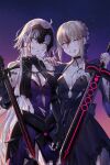  2girls ahoge artoria_pendragon_(fate) bangs blonde_hair blood blood_on_chest blood_on_clothes blood_on_face braid breasts dress excalibur_morgan_(fate) fate/grand_order fate/stay_night fate_(series) french_braid hair_ornament hand_on_another&#039;s_shoulder highres holding holding_sword holding_weapon jeanne_d&#039;arc_alter_(avenger)_(fate) jeanne_d&#039;arc_alter_(avenger)_(third_ascension)_(fate) jeanne_d&#039;arc_alter_(fate) long_hair looking_at_viewer medium_breasts multiple_girls nipi27 reverse_grip saber_alter short_hair smile sword torn_clothes weapon yellow_eyes 